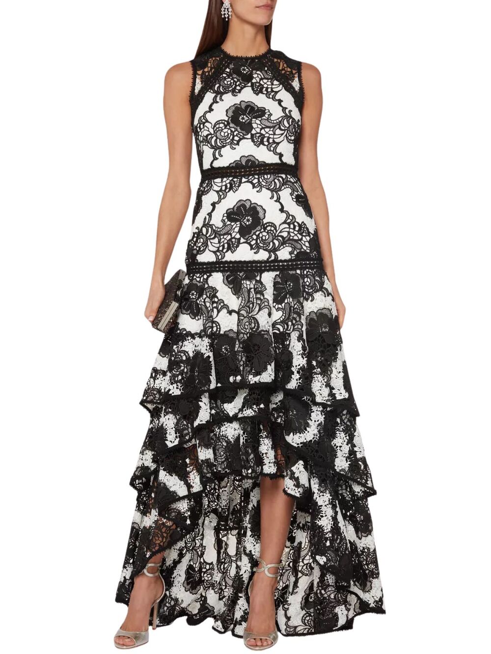 Alexis Rita Two Tone Guipure Lace Tiered Hi Low Gown Black White Women's XL